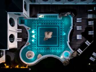 Outdoor pool of the Tamina Therme photographed from above