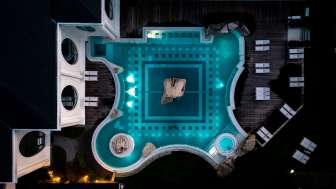 Outdoor pool of the Tamina Therme photographed from above
