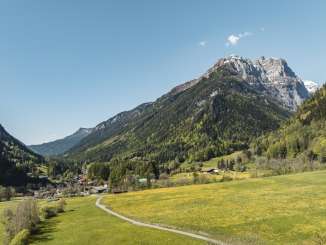 Alpine landscape in the Tamina Valley with spring-like flower meadow