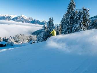 Pizol, winter, snow, blue sky, sea of fog, Pizolbahnen, morning mood, skiing, piste