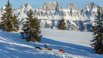 Three people on the sledging slope on Flumserberg with the Churfirsten in the background
