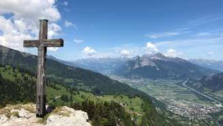 mountains, blue sky, summit cross, green meadows, cross, St.Margrethenberg, Tamina valley, meadows, clouds