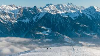 Pizol, winter, snow, blue sky, sea of fog, Pizolbahnen, morning mood, skiing, piste