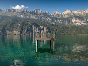 Jetty in Lake Walen with the Churfirsten in the background